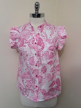 Yolly Italy Pink & White Floral Batik Ruffle Sleeve Cotton Top S